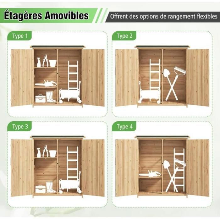 Caseta de jardín de madera maciza - RELAX4LIFE - Techo inclinado de asfalto - 140x50,5x163cm - Estante extraíble - Puerta doble con cerradura