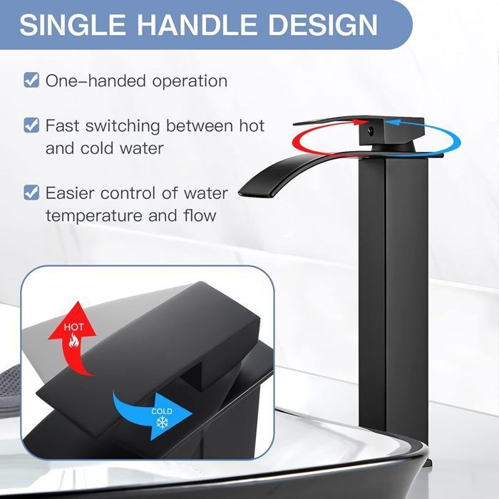 Grifo de lavabo tipo cascada - Grifería de baño - Negro - Grifo mezclador de lavabo - Placa cerámica con serpentín