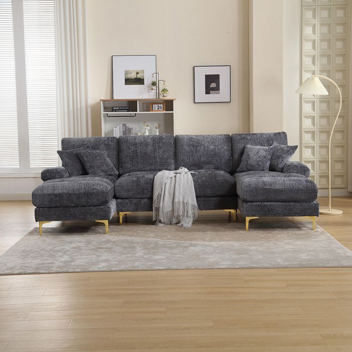 Sofá moderno de 4 plazas en forma de U, tapizado en chenilla con dos asientos, color gris.