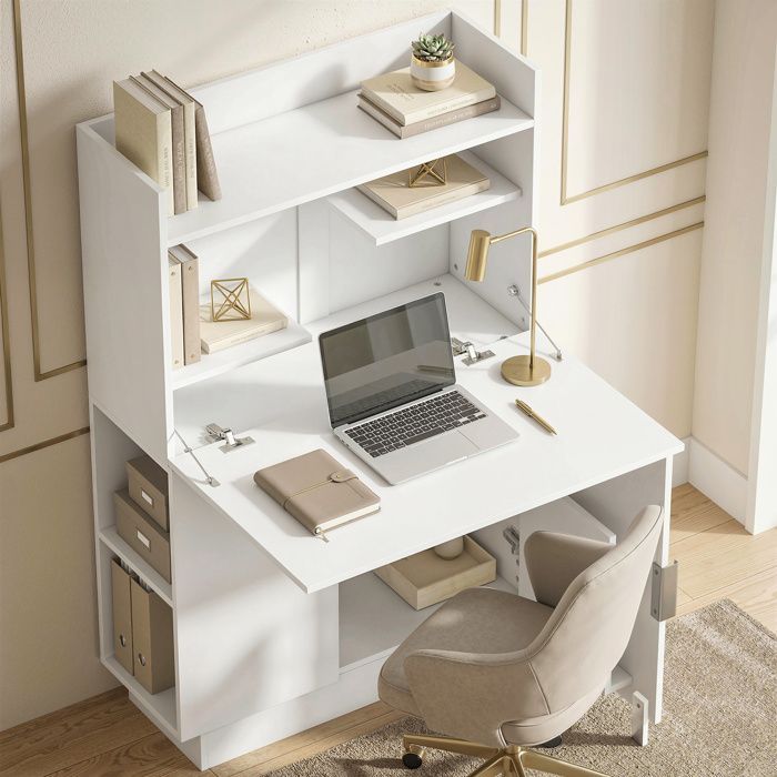 Bureau d'ordinateur - HOMCOM - design pliant avec plateau rabattable, étagères et placard - bois - 80x30x128cm - blanc