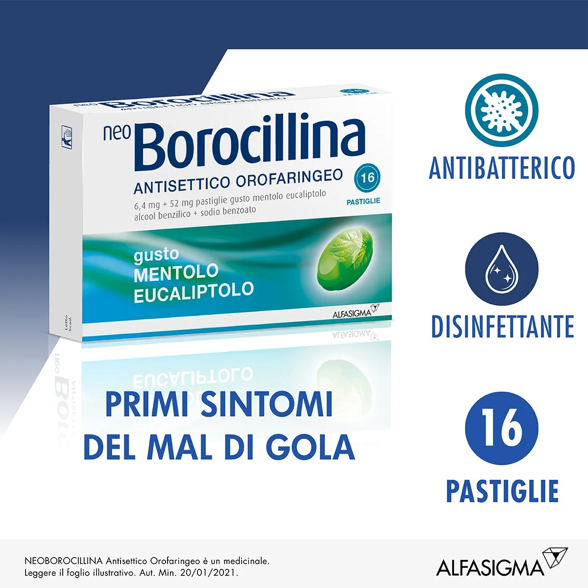 NEOBOROCILLINA Neo Borocillina 6,4+52 mg, arôme menthol-eucalyptol, 16 comprimés antiseptiques oropharyngés