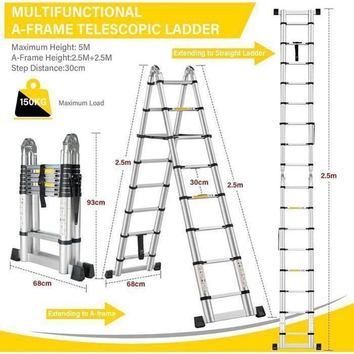 Escalera telescópica 2 en 1 - STANAW - 5 m (2,5+2,5) - Aluminio - 150 kg
