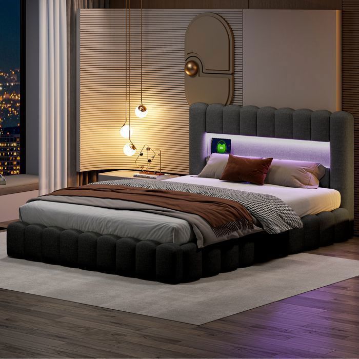 Lit coffre 180x200cm Lit double 2 personnes Matériau en lin, avec chargement USB Type-C et éclairage LED,rangement hydraulique,gris