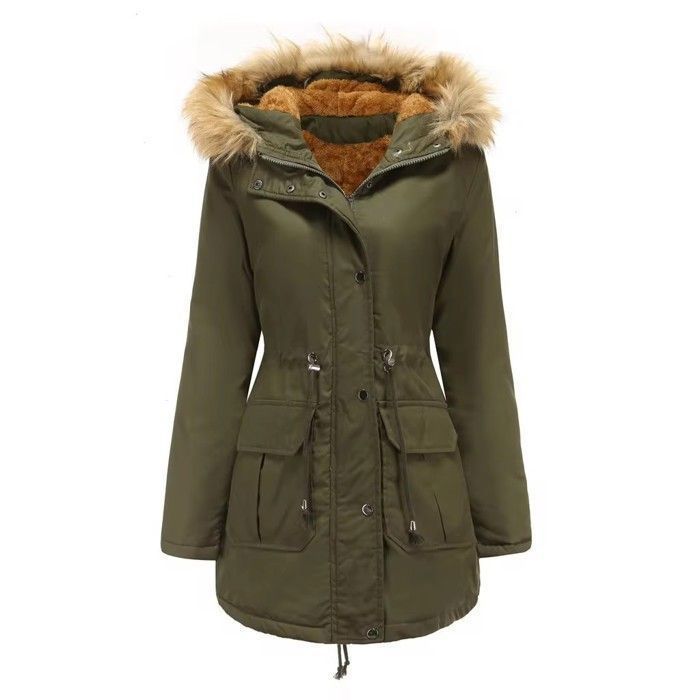 Chaqueta acolchada de estilo chic para mujer, con cremallera, corta y capucha, elegante cuello de piel, cálida para el invierno.