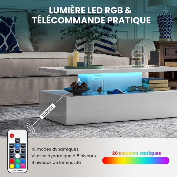 Mesa de centro iluminada de 2 niveles COSTWAY, colores de luz LED ajustables, brillo ajustable, control remoto, blanco brillante.
