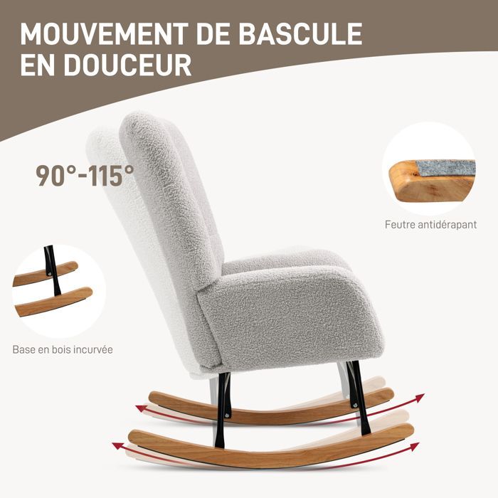 Rocking chair - HOMCOM - in bouclé wool-effect fabric - solid rubberwood legs - for bedroom, living room - grey