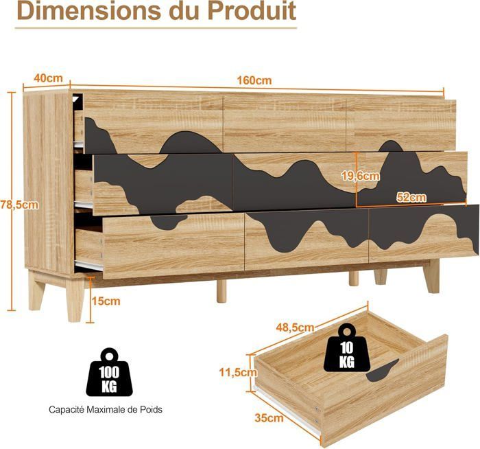 GOOBUY 9-Drawer Chest of Drawers, 160cm, Storage Cabinet, Large Storage Space, Irregular Wave Pattern, 160x40x78.5cm, Natural