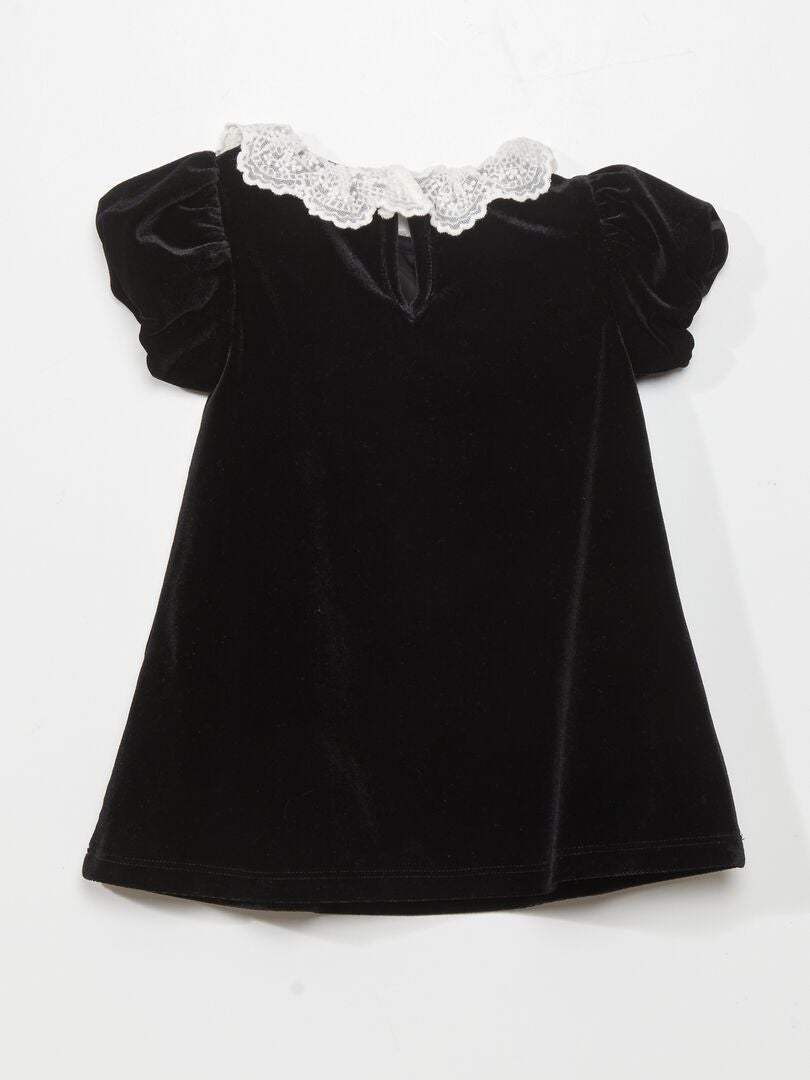 Vestido de veludo com gola de tule bordada - preto