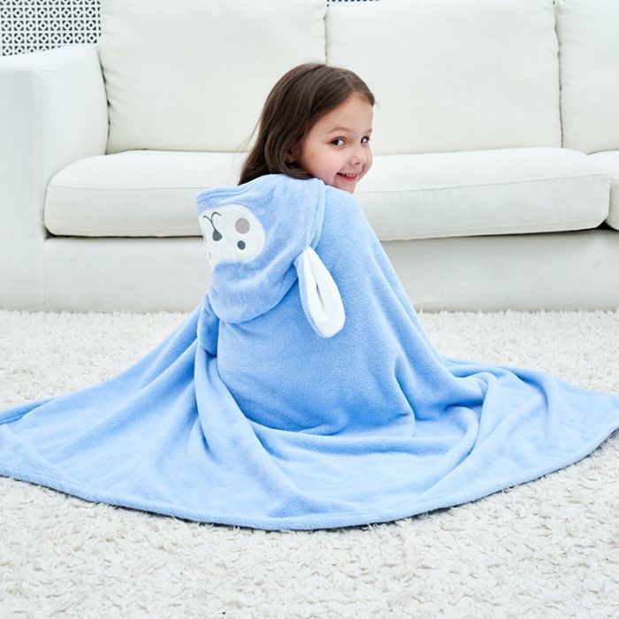 Toalla de baño infantil - Bata con capucha - Forro polar coral - Cálida y cómoda - 70x140cm - Azul.