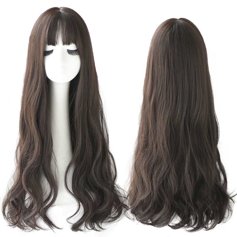 Popular ash brown long hair heavily wavy Brazilian Lolita style wigs with bangs synthetic wig for women fashion thick curls wigs girl