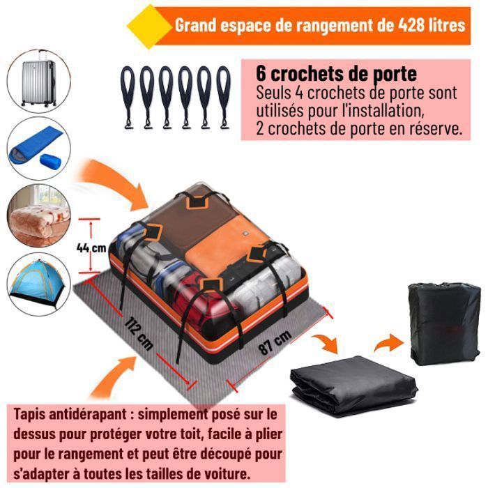 Box da tetto - Borsa da tetto universale impermeabile per auto senza barre portatutto 112*87*44 cm con serratura, 6 ganci per portiere, tappetino
