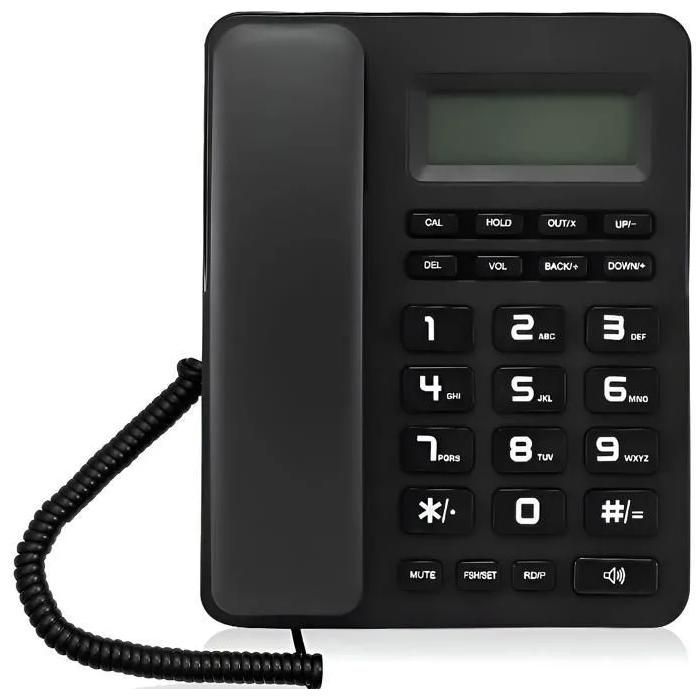 Téléphone Fixe Filaire Mains Libres Afficheur Appelant Réveil 16 Sonneries Bureau Maison Noir Multifonction Télécommunication