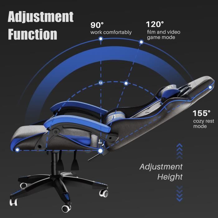 Gamingstoel - Ergonomische gamingstoel - BIGZZIA - Kantelbaar van 90° tot 135° - Zwart en blauw