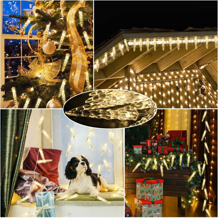 Luzes de Natal Riossad com 80 LEDs em formato de pingente de gelo, movidas a energia solar, ideais para iluminação de Natal, jardim, áreas externas e internas.
