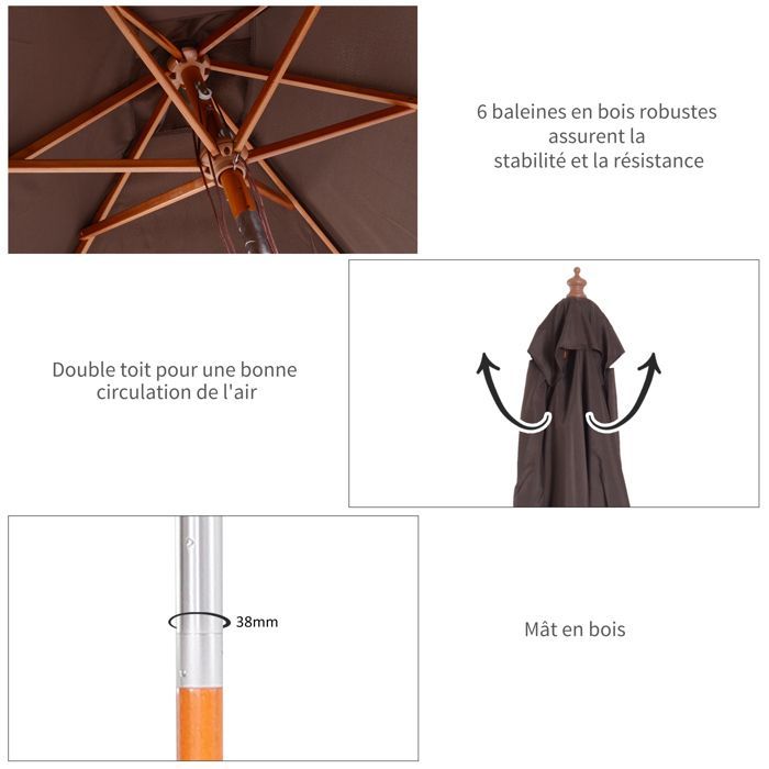 Outsunny - parasol - Bois - 200x150x235cm - Marron