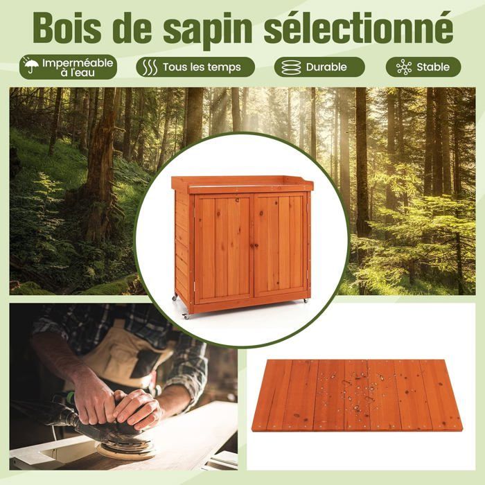 GIANTEX Armoire à Outils en Bois de Sapin, Abri de Stockage pour Outils avec 4 Roues Universelles et Étagère Amovible,98,5X48X100