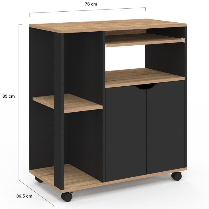 IDMARKET Desserte de cuisine COSI bois noir et plateaux façon hêtre L.76 CM
