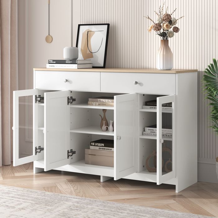 Buffet Salon Elégant, Meuble d'entrée 4 Portes 2 Tiroirs, Armoire de Cuisine, Portes en verre,120x37x80cm, Bois et Blanc