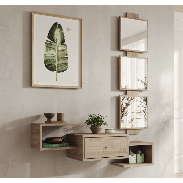 Meuble d'entrée | 1 Tiroir avec Miroir | Console d'Entrée | Finition en couleur Sonoma | L 99,5 x P 22 x H 145 cm | Modèle Neo