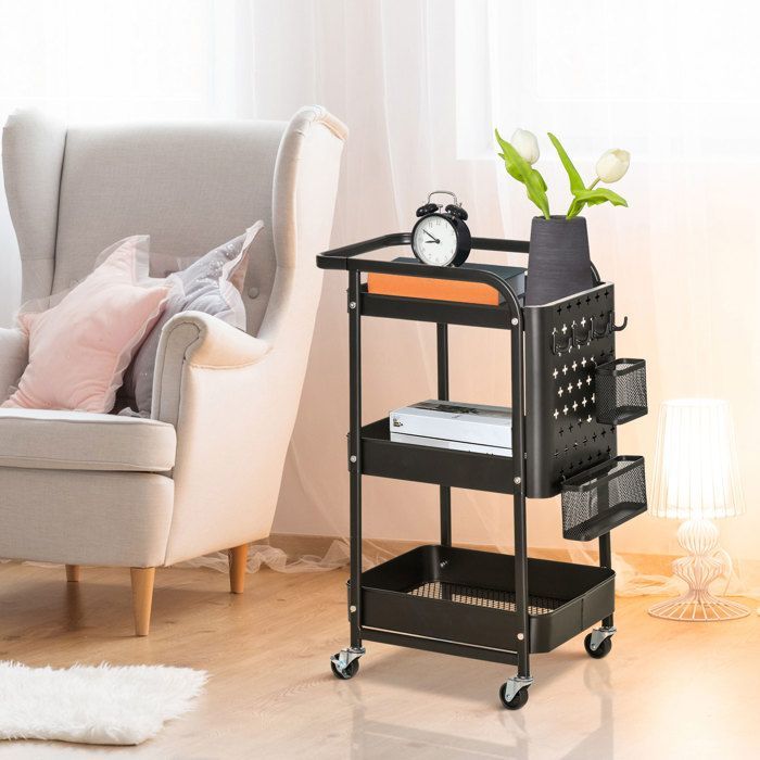 Carrito de almacenamiento - carrito de servicio - HOMCOM - 3 niveles, 2 bandejas para cubiertos, con ruedas - metal - 51,5 x 32 x 75,6 cm - negro