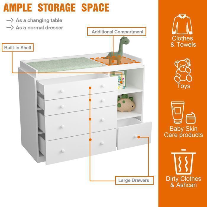 Commode à Langer avec 5 Tiroirs et 2 Compartiments, Table à Langer pour bébé, 120x50x91.5, Blanc