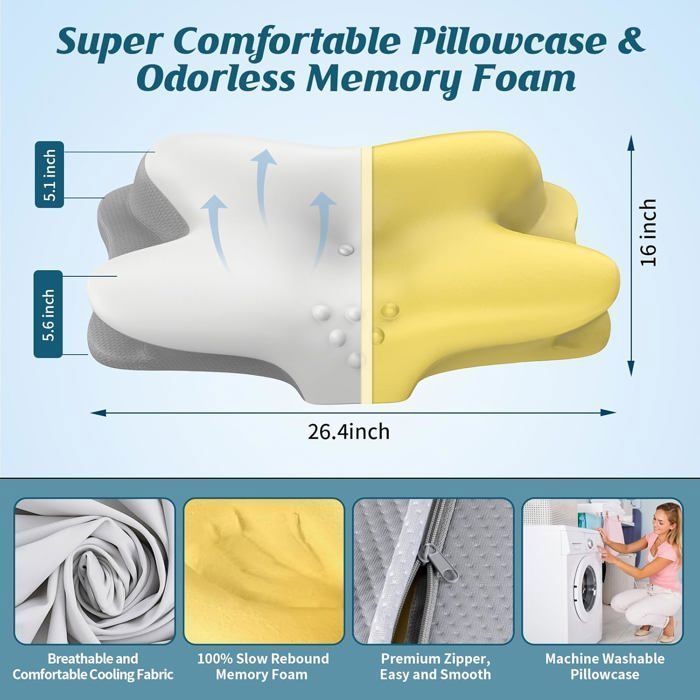 Almohada cervical ergonómica de espuma viscoelástica, almohada ortopédica para el dolor de cuello, que brinda soporte al cuello y la columna vertebral.