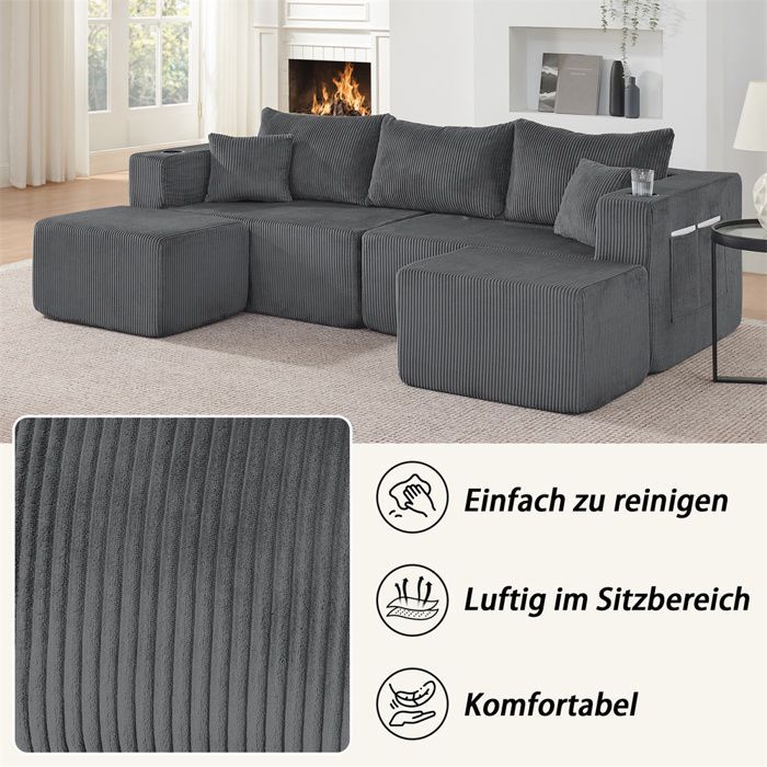 DRIPEX Modulares 3-Sitzer-Sofa, 230 cm lang, U-förmiges, zusammenklappbares Sofa mit verschiebbaren Hockern, Cordbezug, Getränkehalter, grau