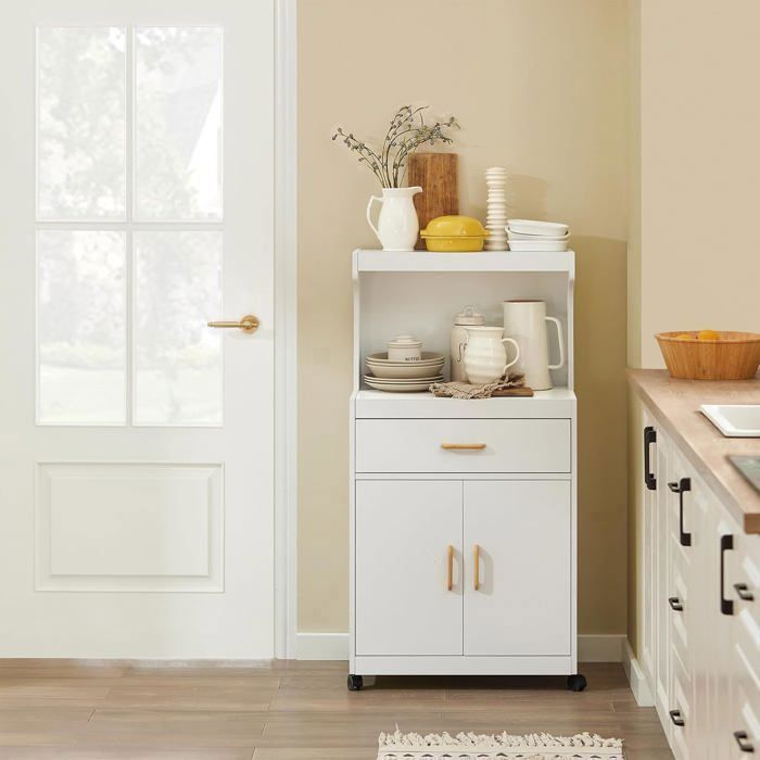SoBuy Microwave Cart on Wheels – Kitchen Storage Trolley with 1 Drawer & 2 Doors, White 62x40x119 cm