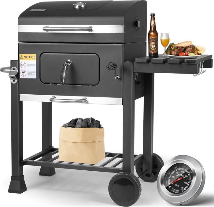 Zwarte houtskoolbarbecue, XL, met deksel, grillrooster, wielen en thermometer, rookbarbecue, 116,3 x 106 x 56 cm