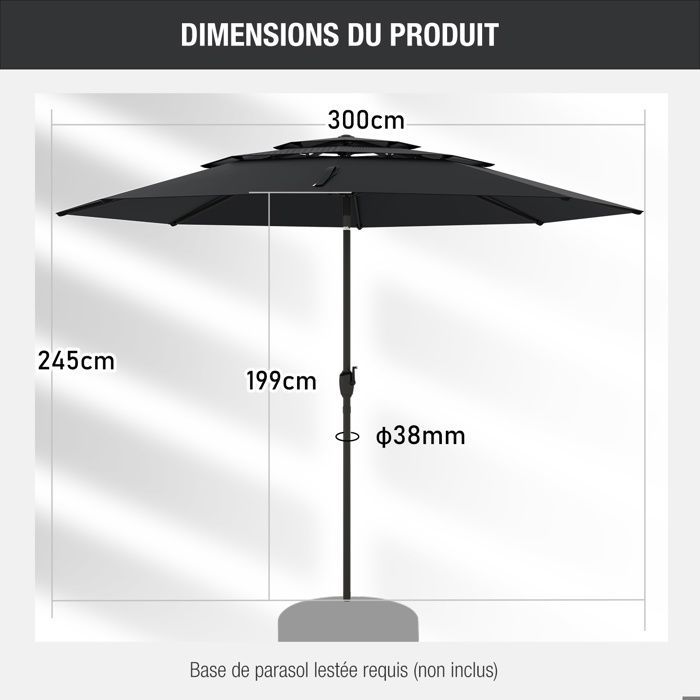 Parasol de Terrasse Ventilé à 3 Niveaux de 300 cm - COSTWAY - Inclinaison à Bouton-Poussoir - Manivelle - 8 Baleines Robustes - Noir