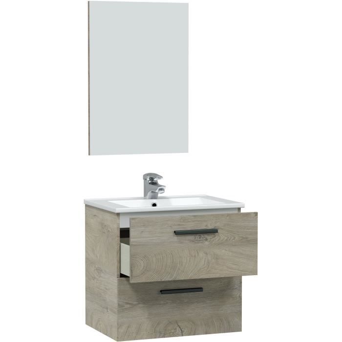 Mueble de baño suspendido, 60 cm de ancho - 2 cajones - Acabado en roble Alaska - Espejo - ARUBA