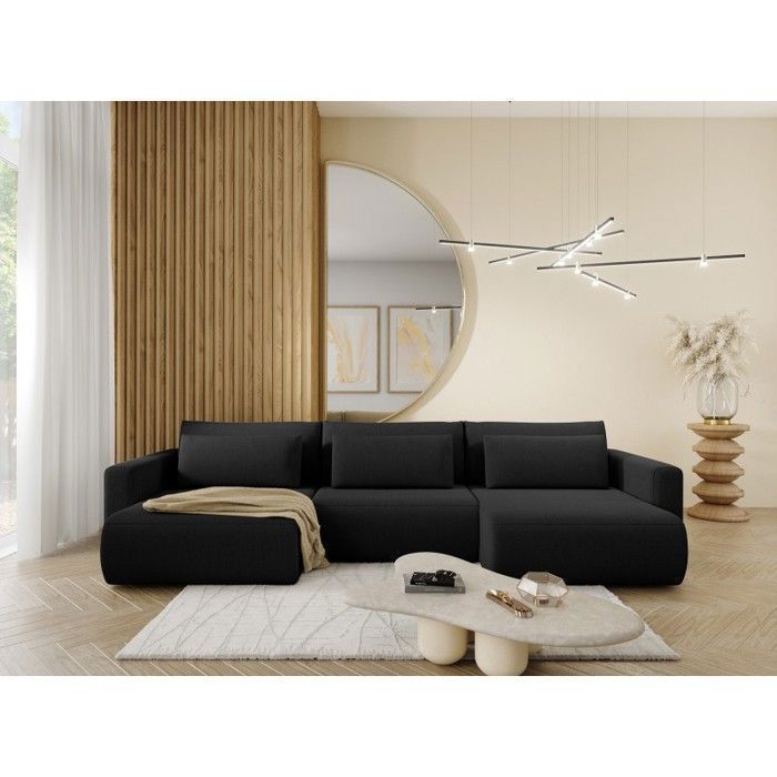 Canapé d'angle panoramique convertible CURIA en tissu hydrophobe lavable noir