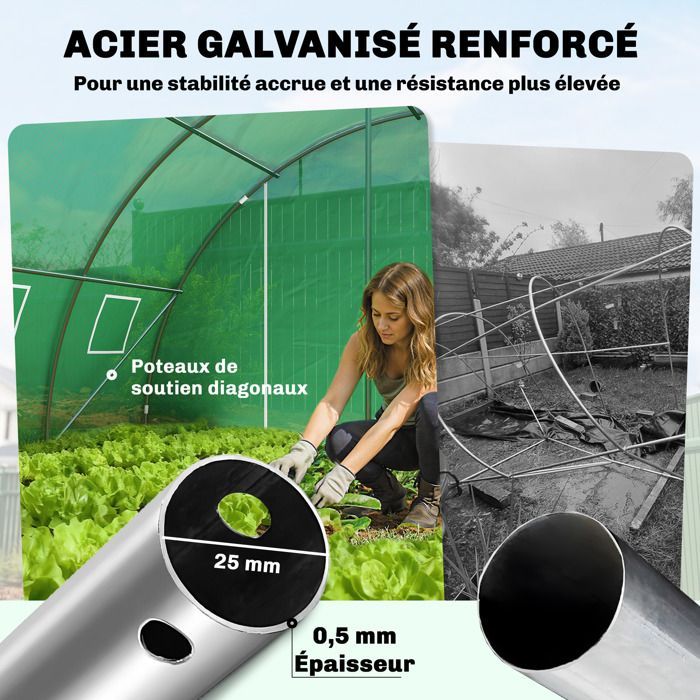 Serre tunnel de jardin - Outsunny - acier galvanisé Ø25mm et structure renforcée - bâche PE 140g/m² - 395x595x199cm - vert