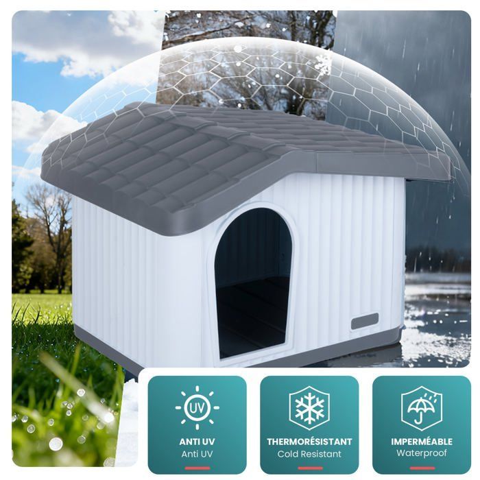 Caseta/perrera impermeable de plástico VOUNOT® para gatos y perros, 60x51x41cm - Techo inclinado desmontable - Apta para uso interior y exterior - Blanca