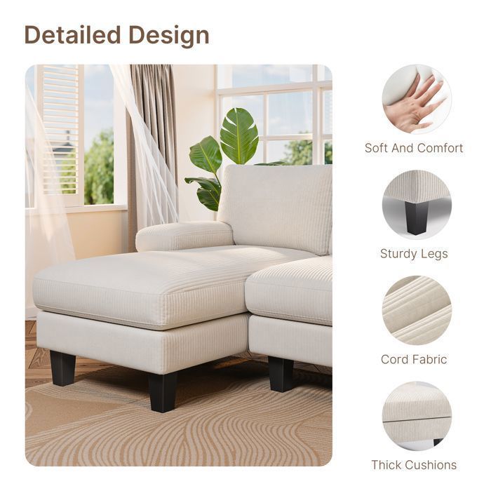 Divano angolare panoramico - Bealife - 4 posti - Forma a U - Velluto a coste - 2 chaise longue - Stile scandinavo - Beige