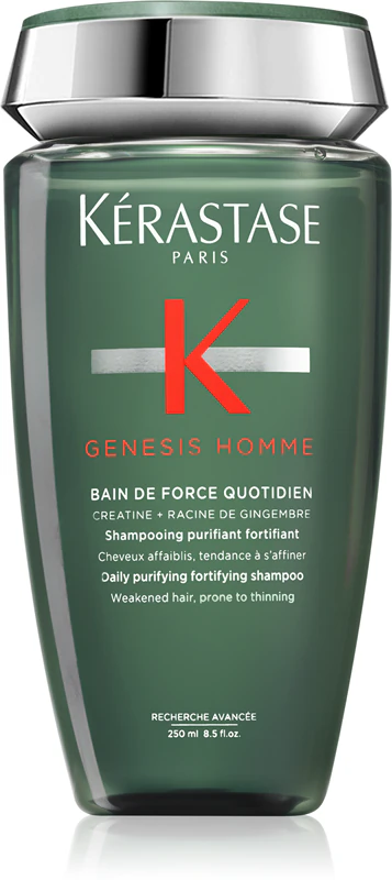 Shampoo de limpeza e nutrição Kérastase Genesis Homme Bain de Force Quotiden para cabelos fracos e com tendência à queda.