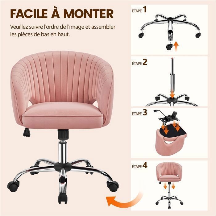 Fauteuil de Bureau en Velours - YAHEETECH - Dossier Capitonné - Assise Réglable en Hauteur - Rose