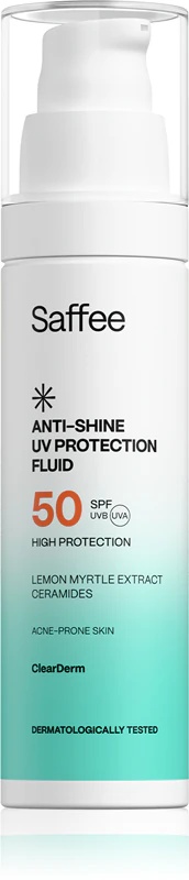 Saffee ClearDerm pretspīduma UV aizsargfluīds ar SPF 50 taukainai, uz akni tendētai ādai