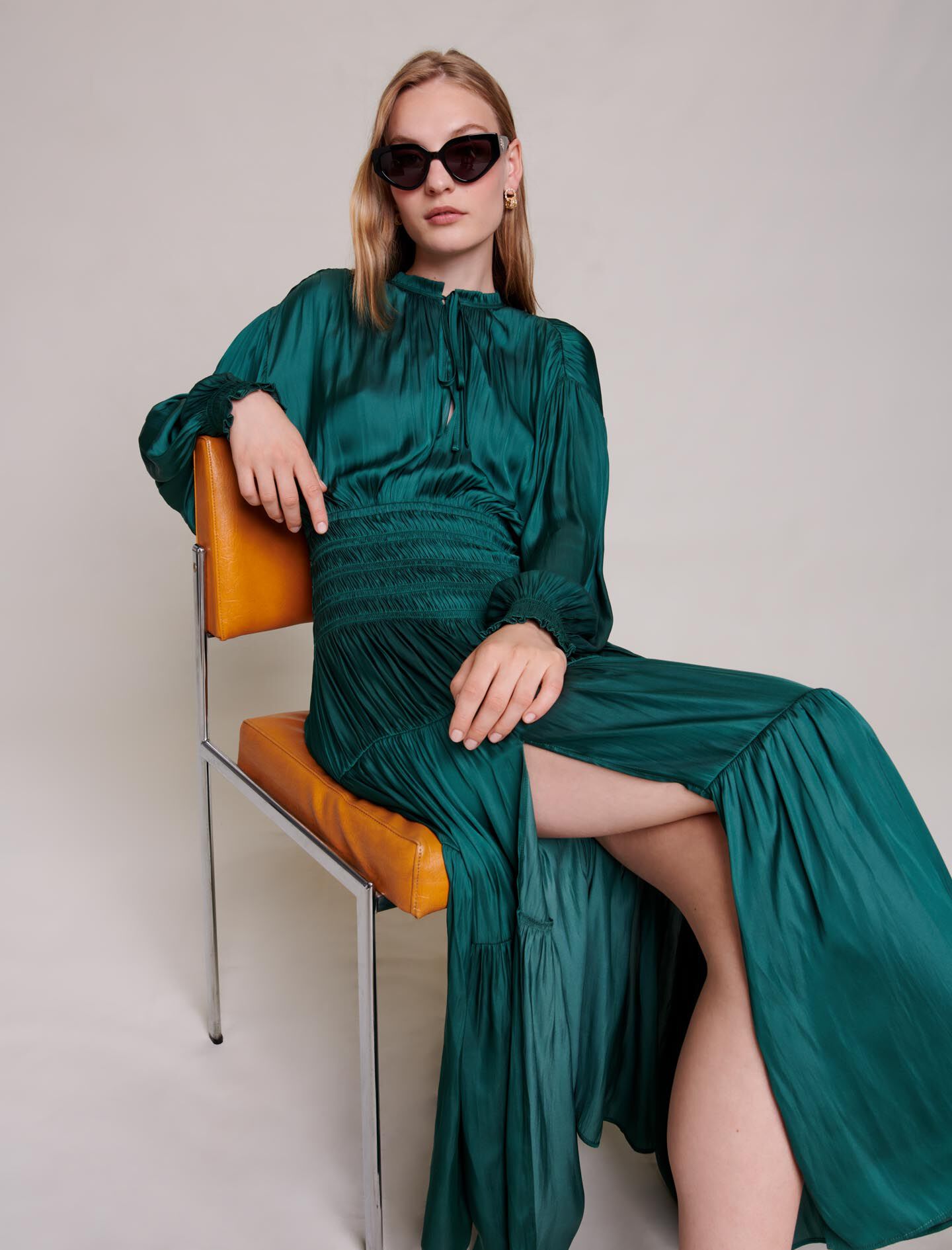 Rochie lungă din satin - Verde sticlă