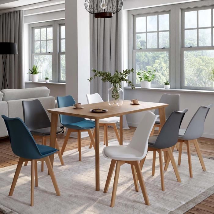 IDMARKET Lot de 8 chaises de salle à manger SARA scandinaves blanc x2, gris clair x2, gris foncé x2, bleu canard x2