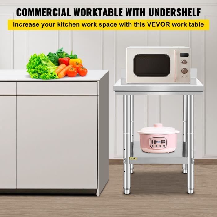 Mesa de trabajo de cocina de 60x60x80 cm - VEVOR - 2 niveles, capacidad de carga de 750 kg con accesorios de montaje - para la preparación de comidas