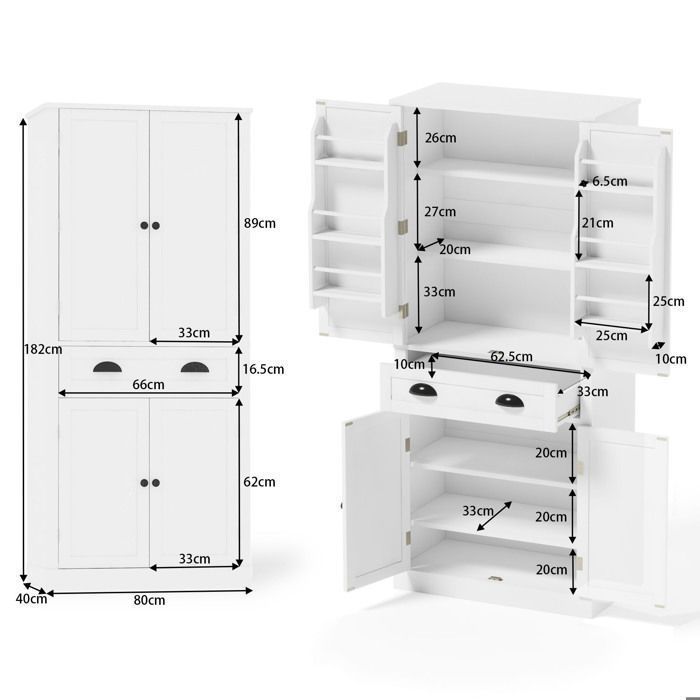 Kitchen Buffet, Tall Kitchen Cabinet, Dining Room, 4 Doors, Drawer, Adjustable Shelves, MDF, White, Rustic, 80x40x182cm