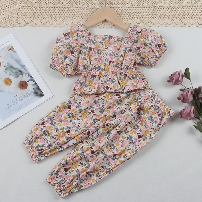 Conjunto de 2 piezas para niñas: Top de manga abullonada con estampado floral, shorts, camiseta transpirable, rosa