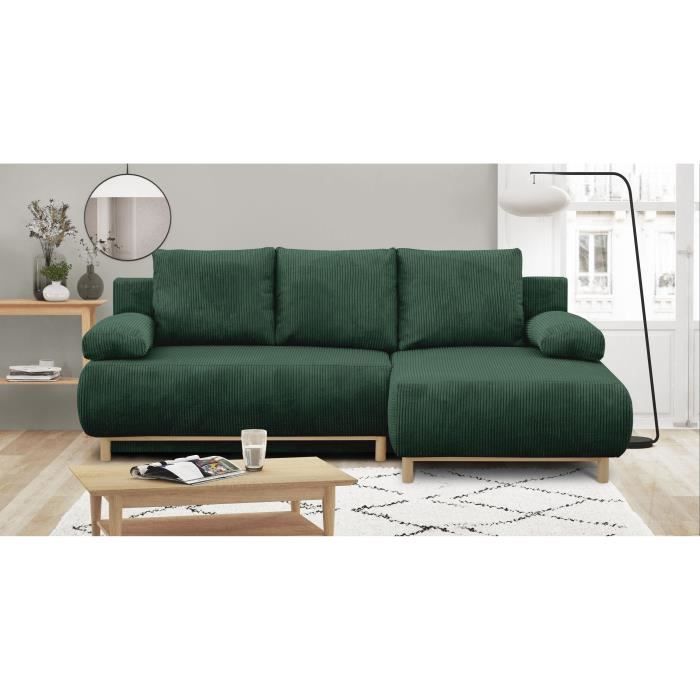 Canapé d'angle droit convertible - 3 places - MIKA - Tissu velours côtelé vert foncé - Coffre de rangement - 192 x 84 x 93 cm