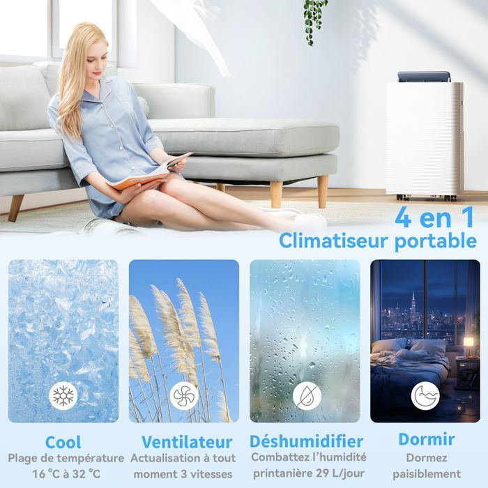 Aire acondicionado portátil - HOMCOM - 12000 BTU - Refrigeración, deshumidificación, ventilador, modo nocturno - ABS - 43,5 x 35 x 69,5 cm - Blanco
