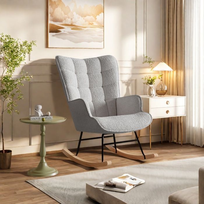 Mecedora Teddy Velvet, silla de lactancia con cojín, estructura de acero y patas de madera, gris.