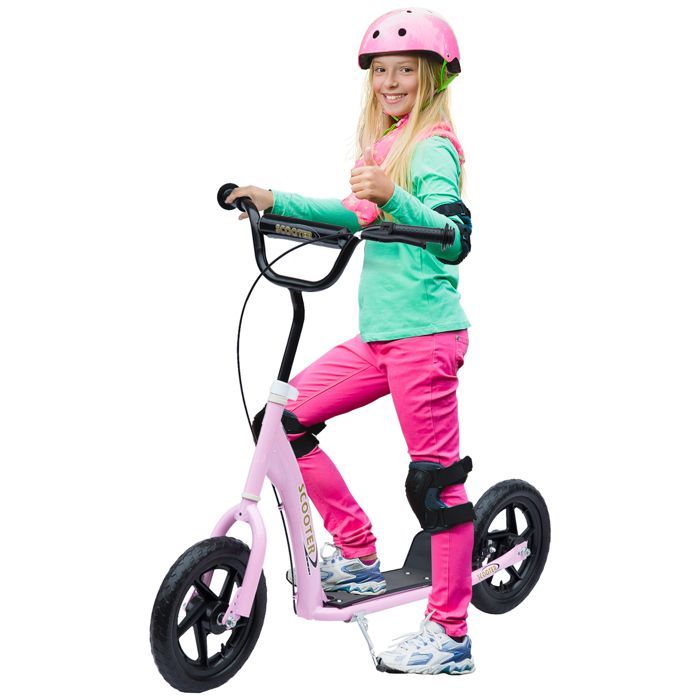Trottinette enfant - HOMCOM - patinette pneus 30 cm hauteur guidon réglable frein béquille - acier - dès 5 ans - rose