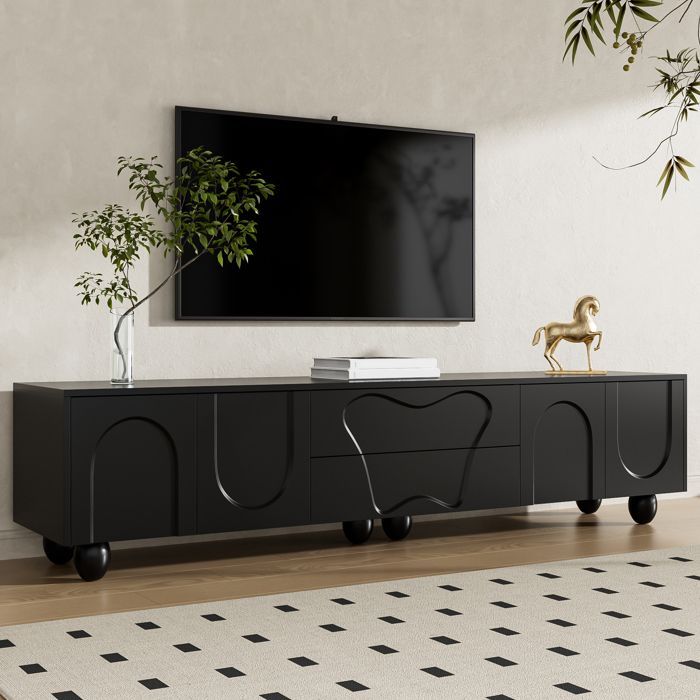 Mobile porta TV - MODERNLUXE - 180x40x42 cm - 2 cassetti, 4 ante - Gambe in legno massello - Nero