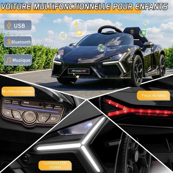 Coche eléctrico Lamborghini Revuelto - LALAHO - 3 velocidades, con control remoto 2.4G, para niños de 3 a 6 años, negro.