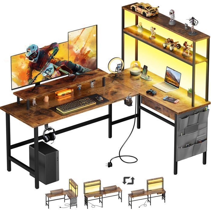 HLONONE , 150 x 100cm Bureau d'angle Gaming en L avec LED, avec Prise Intégrée & Port USB,avec Tiroir, Sac de Rangement, Marron